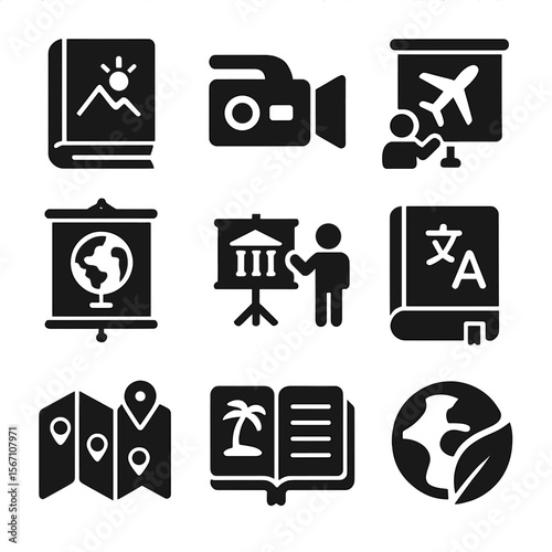 Travel Education Icons. Solid, filled icons set of travel education and awareness: guidebook, documentary