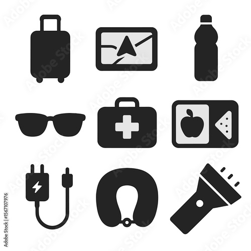 Travel Essentials Icons. Solid, filled icons set of travel essentials for road trips: suitcase, GPS device,