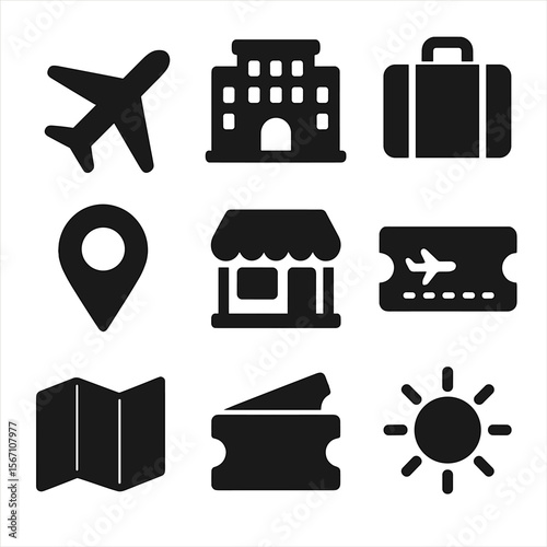 Travel Icon Grid. Solid, filled icons set of vacation travel offers: airplane, hotel icon, suitcase, passport,