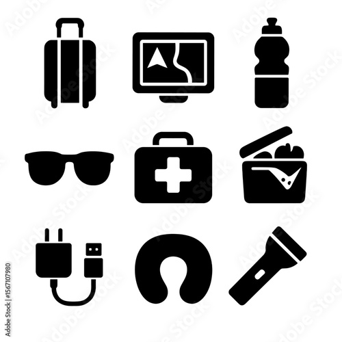 Travel Essentials Icons. Solid, filled icons set of travel essentials for road trips: suitcase, GPS device,