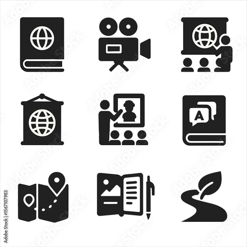 Travel Education Icons. Solid, filled icons set of travel education and awareness: guidebook, documentary