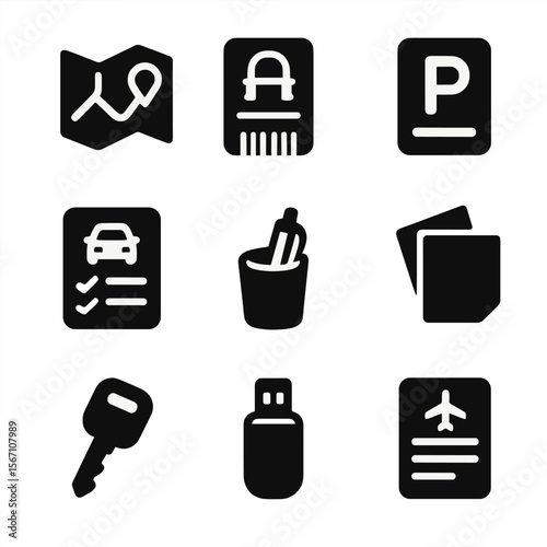 Travel Icons Grid. Solid, filled icons set of travel-related paperwork in cars: road map, toll ticket, parking
