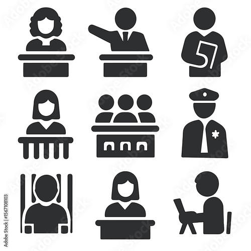 Trial Participants Icons. Solid, filled icons set of trial participants: judge, prosecutor, defense lawyer,
