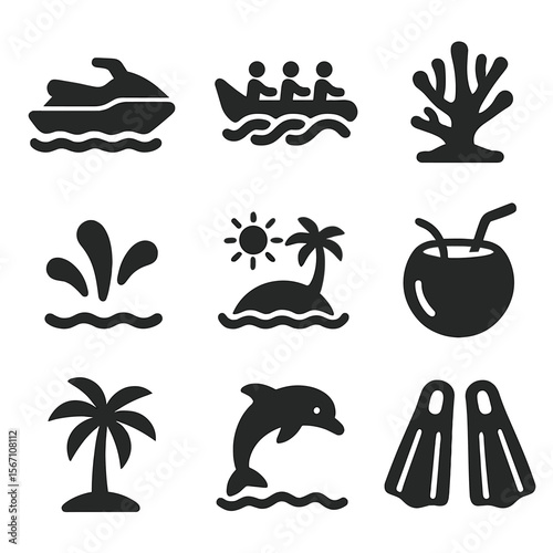 Tropical Adventure Icons. Solid, filled icons set of tropical water adventures: jet ski, banana boat, reef
