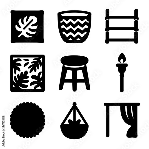 Tropical Decor Icons. Solid, filled icons set of tropical-inspired decor accents: leaf print cushion, woven