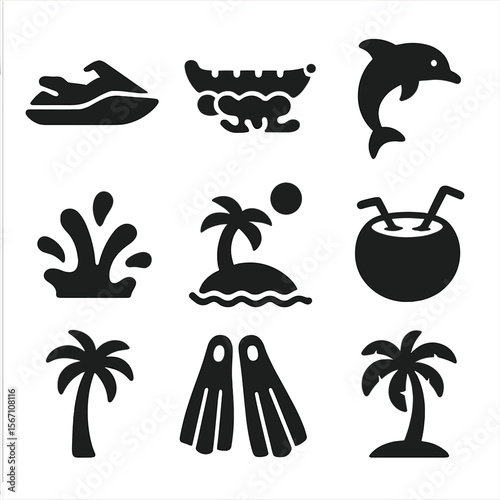 Tropical Adventure Icons. Solid, filled icons set of tropical water adventures: jet ski, banana boat, reef