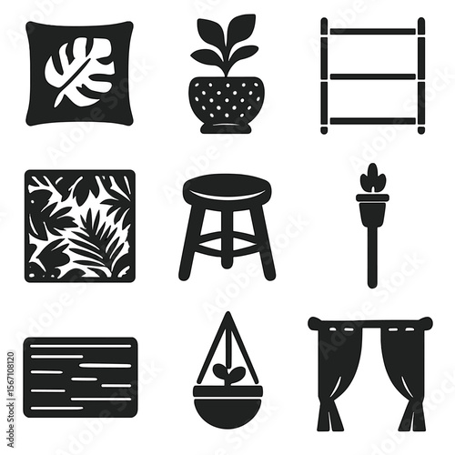 Tropical Decor Icons. Solid, filled icons set of tropical-inspired decor accents: leaf print cushion, woven