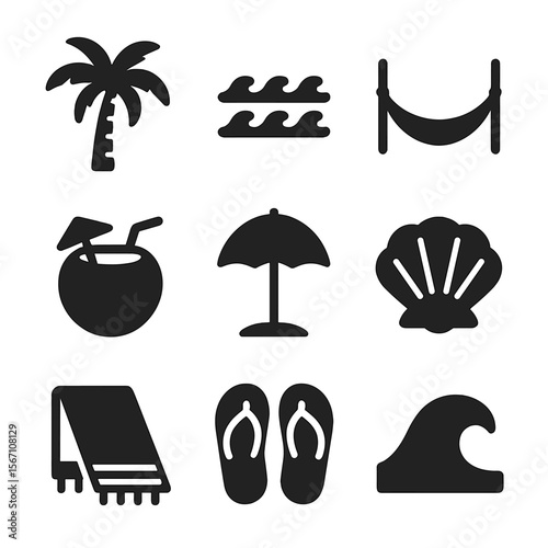 Tropical Leisure Icons. Solid, filled icons set of tropical leisure setup: palm tree, ocean breeze, hammock,