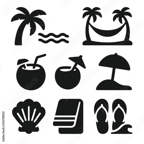 Tropical Leisure Icons. Solid, filled icons set of tropical leisure setup: palm tree, ocean breeze, hammock,