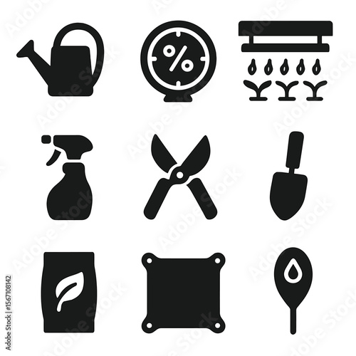 Tropical Plant Care Icons. Solid, filled icons set of tropical plant care tools: watering can, humidity gauge,