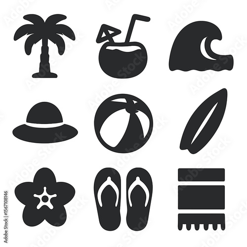 Tropical Vacation Icons. Solid, filled icons set of tropical beach vacation: palm tree, coconut drink, wave