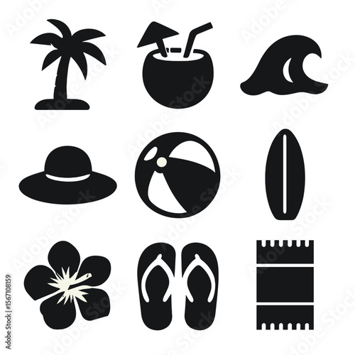 Tropical Vacation Icons. Solid, filled icons set of tropical beach vacation: palm tree, coconut drink, wave