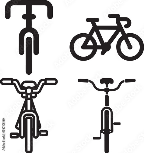 Four black bicycle icons front and side views on white background bike cycling