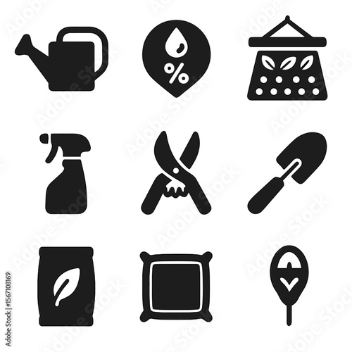 Tropical Plant Care Icons. Solid, filled icons set of tropical plant care tools: watering can, humidity gauge,
