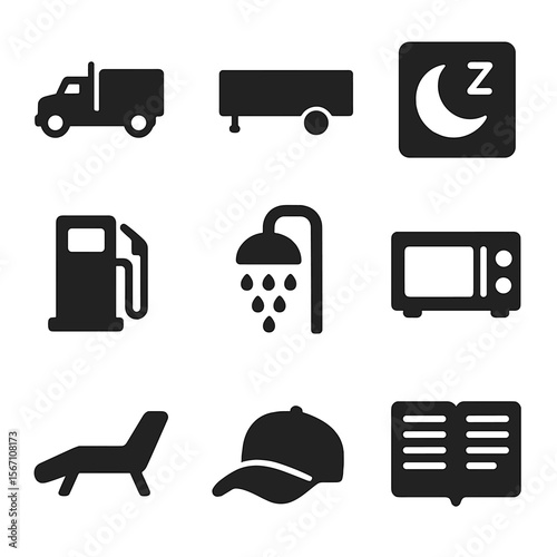 Trucker Rest Stop Icons. Solid, filled icons set of trucker rest stop zone: semi-truck, trailer icon,