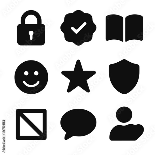 Trust Icons Grid. Solid, filled icons set of brand trust-building: padlock, verified badge, open book, smiling