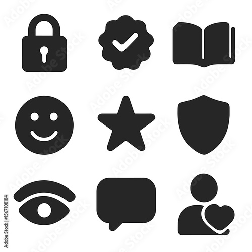 Trust Icons Grid. Solid, filled icons set of brand trust-building: padlock, verified badge, open book, smiling