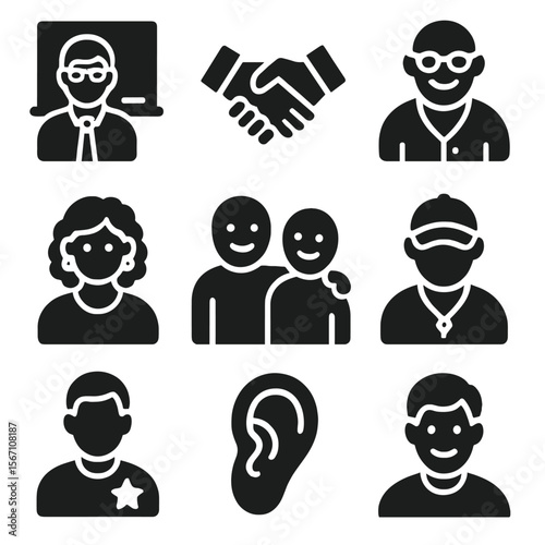 Trusted Adults Icons. Solid, filled icons set of trusted adults and mentors: teacher icon, mentor handshake,
