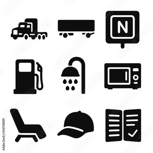 Trucker Rest Stop Icons. Solid, filled icons set of trucker rest stop zone: semi-truck, trailer icon,