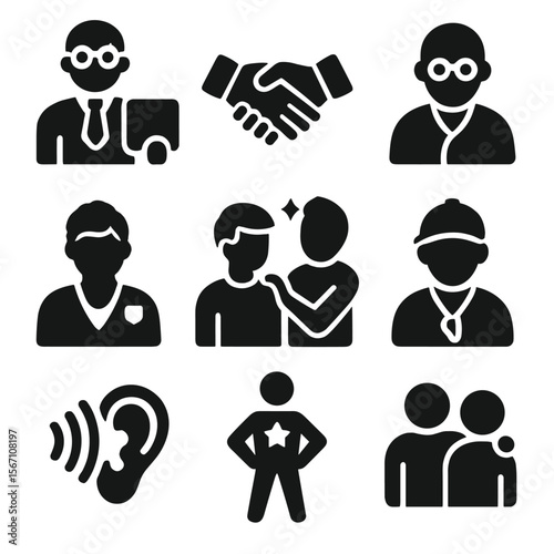 Trusted Adults Icons. Solid, filled icons set of trusted adults and mentors: teacher icon, mentor handshake,