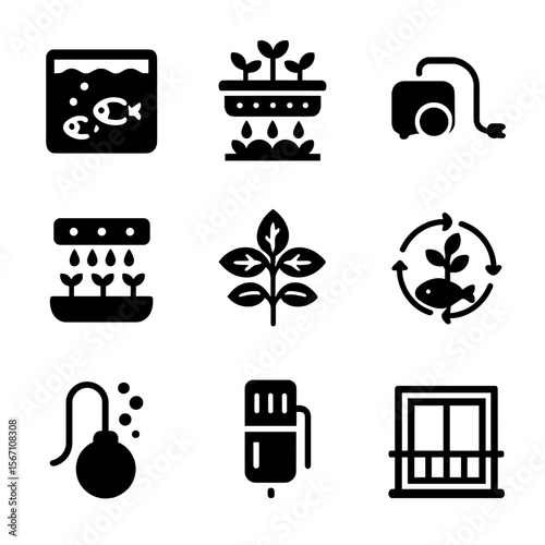 Urban Aquaponics Icons. Solid, filled icons set of growing food with aquaponics in a small urban apartment: