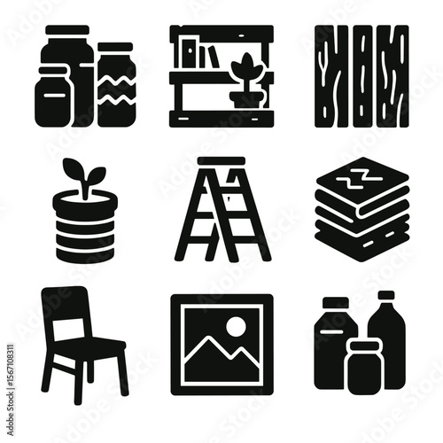 Upcycled Home Decor Icons. Solid, filled icons set of upcycled home decor projects: painted jars, pallet