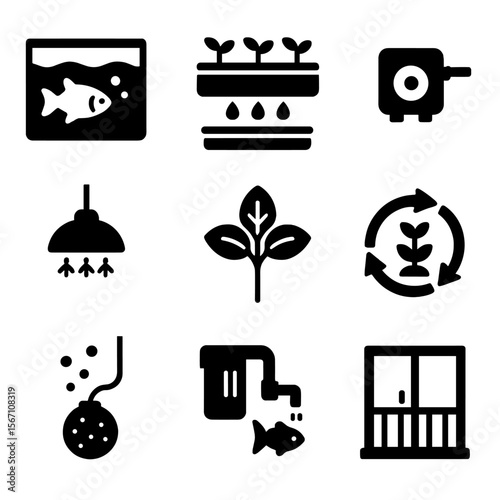 Urban Aquaponics Icons. Solid, filled icons set of growing food with aquaponics in a small urban apartment: