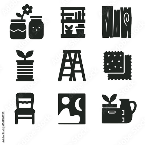 Upcycled Home Decor Icons. Solid, filled icons set of upcycled home decor projects: painted jars, pallet