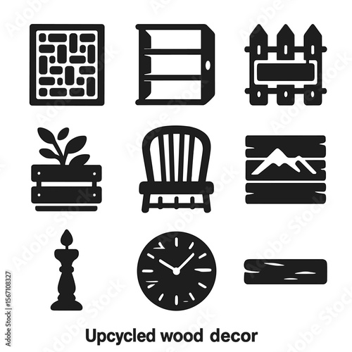 Upcycled Wood Icons. Solid, filled icons set of upcycled wood decor: wine cork board, old drawer shelf, fence