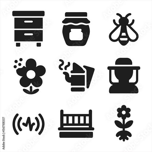 Urban Beekeeping Icons. Solid, filled icons set of urban beekeeping and pollinators: beehive box, honey jar,