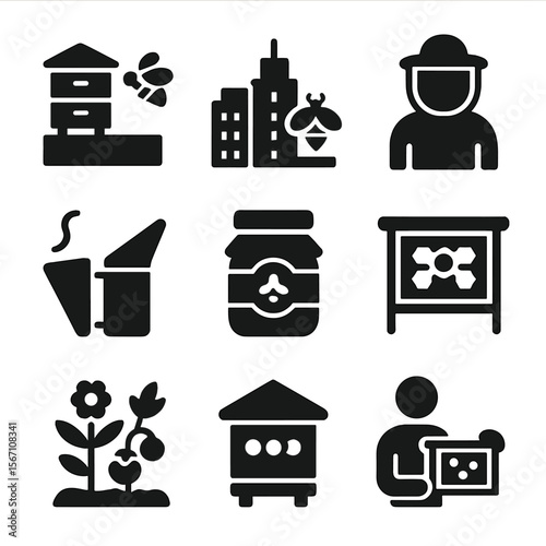 Urban Beekeeping Icons. Solid, filled icons set of urban beekeeping programs: rooftop hive, city skyline,
