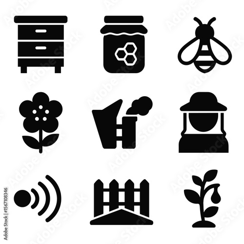 Urban Beekeeping Icons. Solid, filled icons set of urban beekeeping and pollinators: beehive box, honey jar,