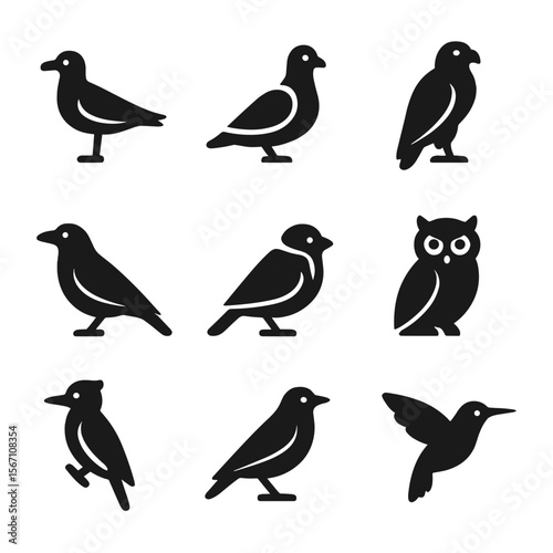 Urban Bird Icons. Solid, filled icons set of urban bird species: seagull, pigeon, hawk, crow, sparrow, owl,
