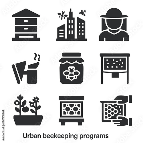 Urban Beekeeping Icons. Solid, filled icons set of urban beekeeping programs: rooftop hive, city skyline,