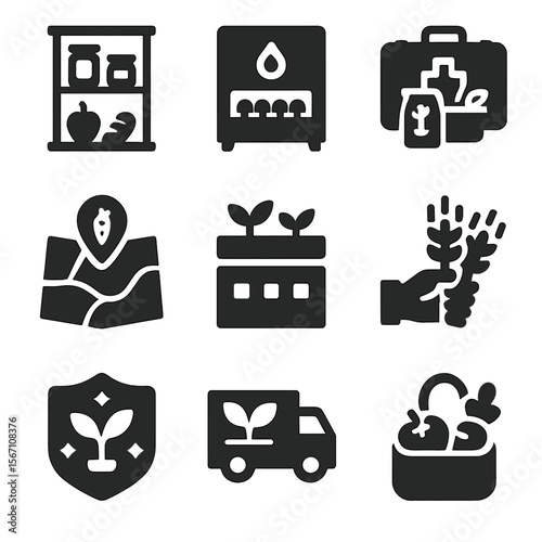 Urban Farming Icons. Solid, filled icons set of food security and urban farming: pantry icon, seed vault,