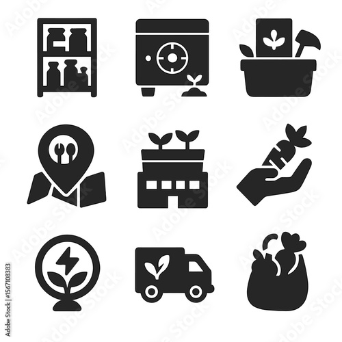 Urban Farming Icons. Solid, filled icons set of food security and urban farming: pantry icon, seed vault,