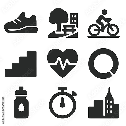 Urban Exercise Icons. Solid, filled icons set of urban outdoor exercise: running shoes, city park, cycling
