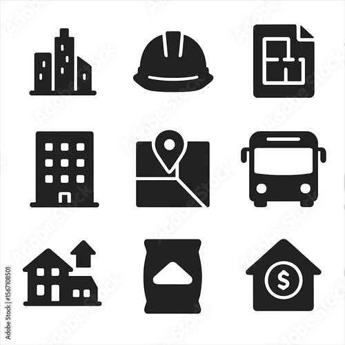 Urbanization Icons Grid. Solid, filled icons set of urbanization and housing: skyline icon, construction