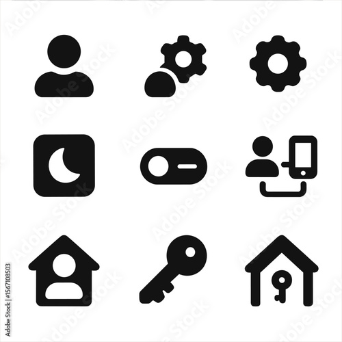 User Profile Icons. Solid, filled icons set of user profiles and app settings: user avatar, profile gear, app