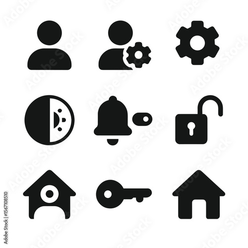 User Profile Icons. Solid, filled icons set of user profiles and app settings: user avatar, profile gear, app