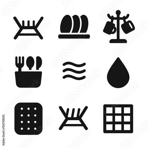 Utensil Drying Icons. Solid, filled icons set of drying and airing utensils: drying rack, plate slot, cup