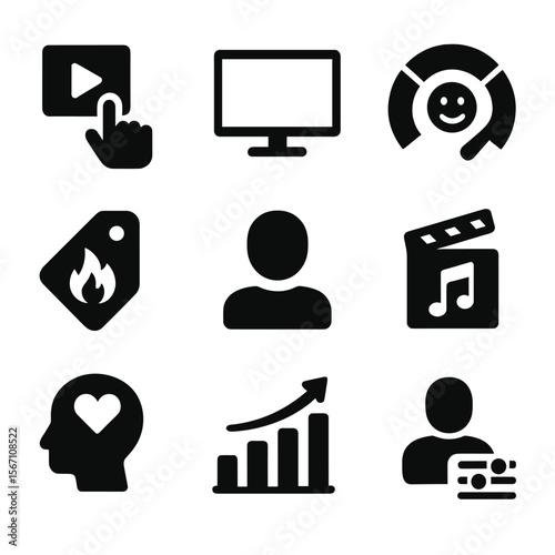 Uses and Gratifications Icons. Solid, filled icons set of uses and gratifications theory: content choice,