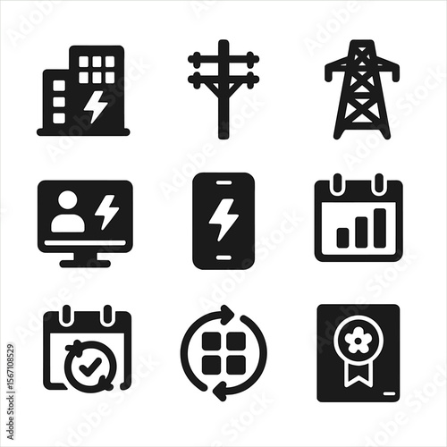 Utility Icons Grid. Solid, filled icons set of utility companies and renewable options: power company HQ,