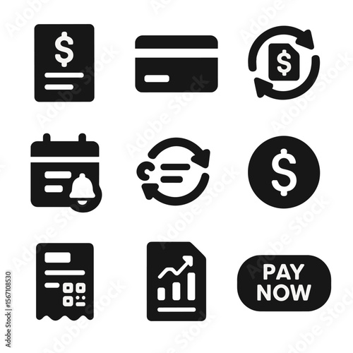 Utility Payment Icons. Solid, filled icons set of utility bill and payment apps: invoice icon, payment card,