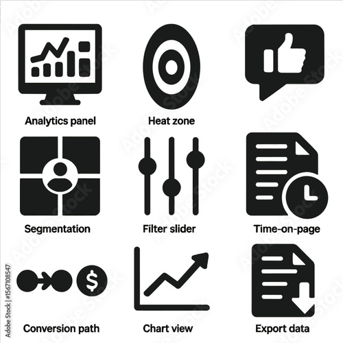 UX Tool Icons. Solid, filled icons set of UX heatmapping tools: analytics panel, heat zone, visual feedback,