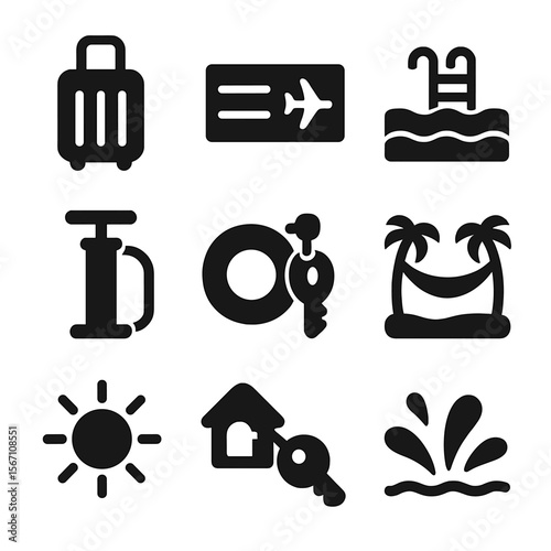 Vacation Icons Set. Solid, filled icons set of vacation pool moments: travel bag, boarding pass, hotel pool,