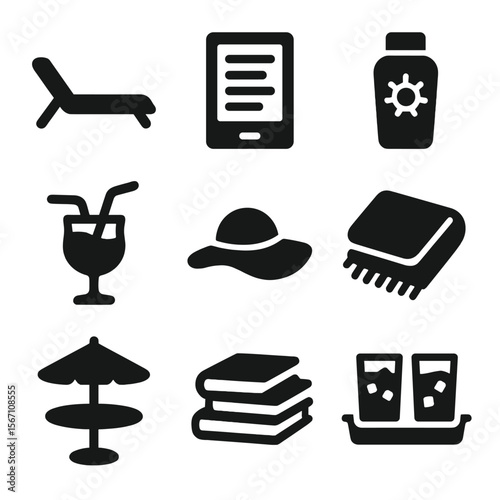 Vacation Leisure Icons. Solid, filled icons set of vacation leisure setup: chaise lounge, digital reader,