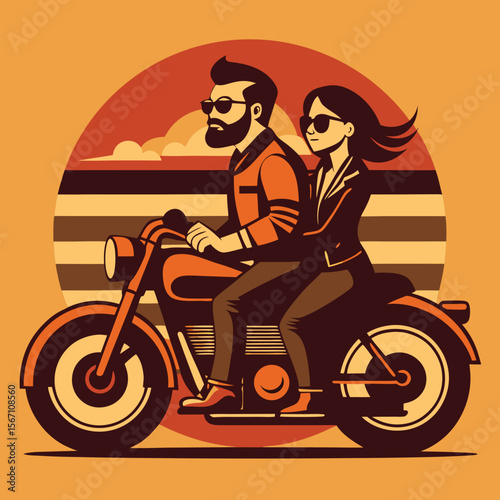 Retro-style biker couple riding classic Harley motorcycle, vintage warm tones, grain texture effect, nostalgic road trip, freedom adventure illustration