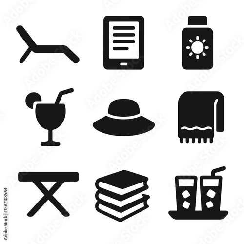 Vacation Leisure Icons. Solid, filled icons set of vacation leisure setup: chaise lounge, digital reader,