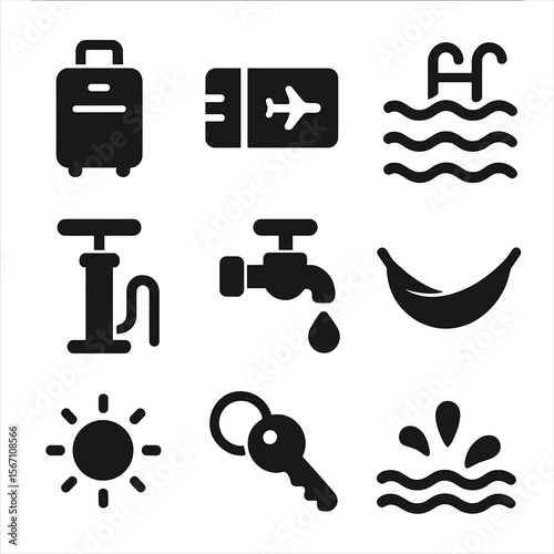 Vacation Icons Set. Solid, filled icons set of vacation pool moments: travel bag, boarding pass, hotel pool,
